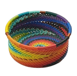 Rainbow coloured basket made from telephone wire